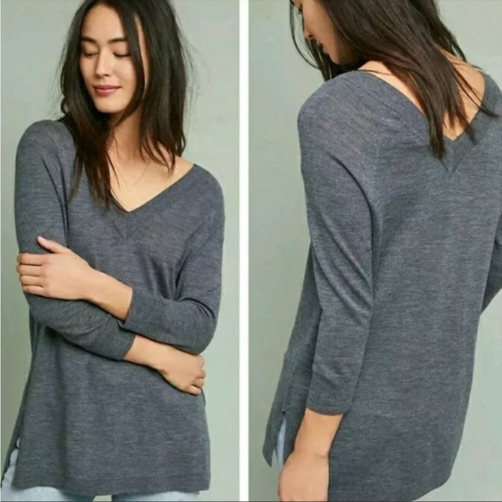 Anthropologie Moth Gray Extra Fine Merino Wool V Neck Sweater Sz S